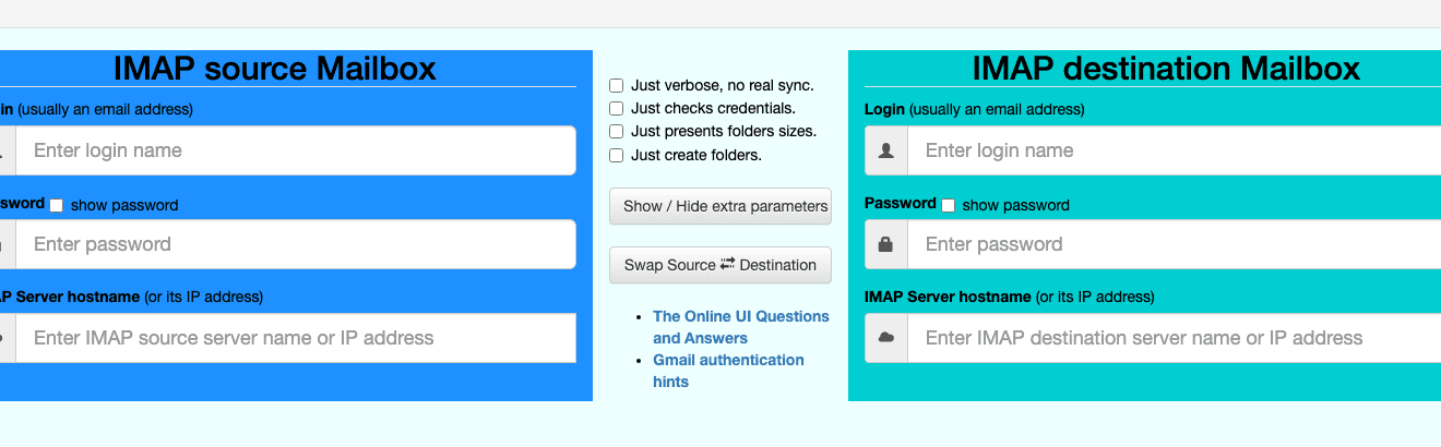 imapsync online form with source and destination IMAP credential panels