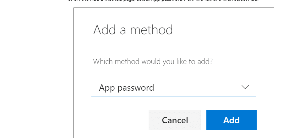 Microsoft 365 'Add a method' dialog with 'App password' selected